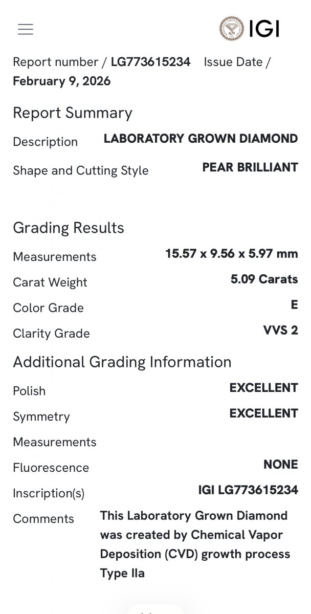 Lab-Grown Peer Solitair ring 5.27crt 